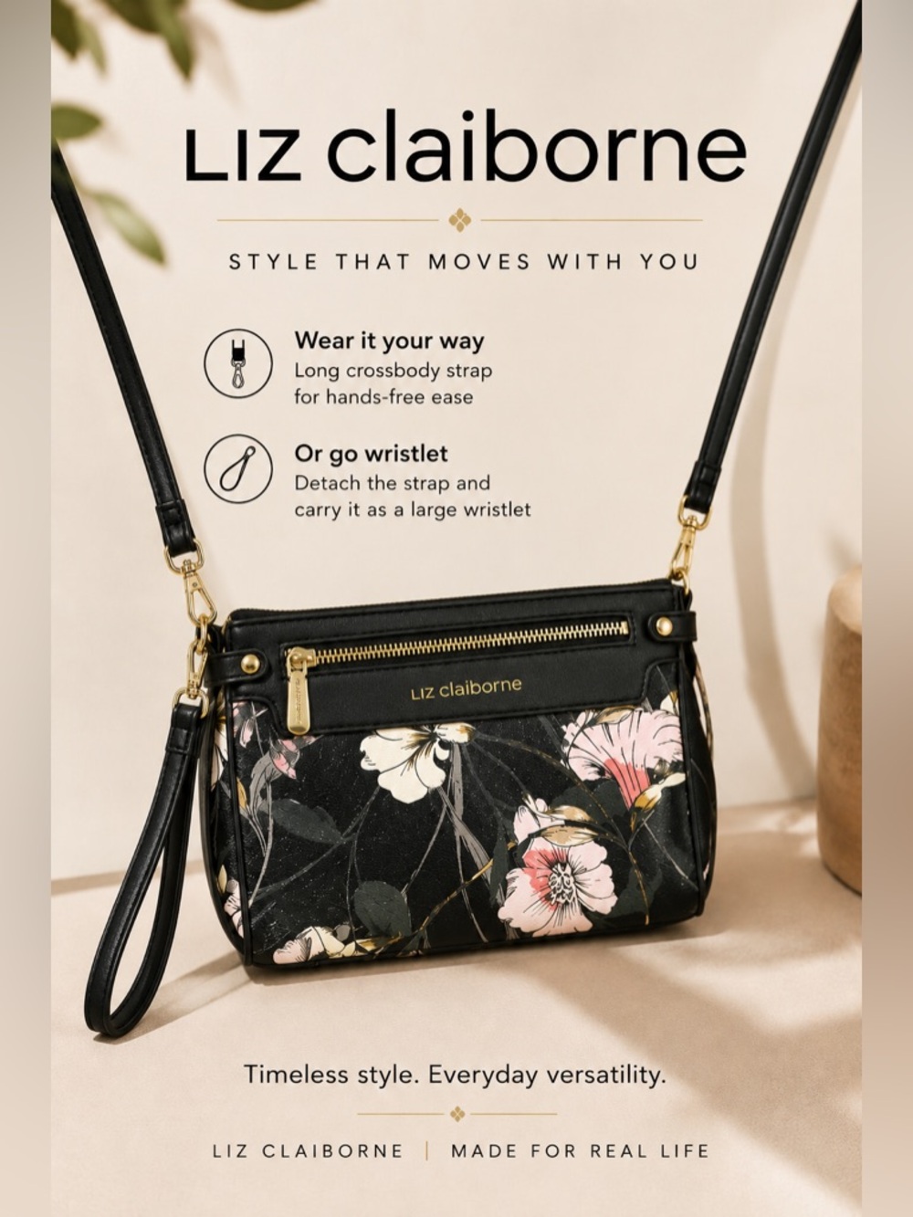 Liz Claiborne Crossbody / Large Wristlet Purse 🌸🖤 Black w/Pink and Cream Flowers